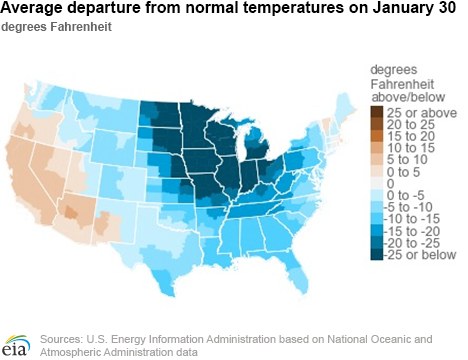 Average departure from normal temperatures on January 30