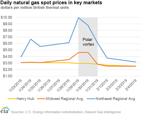 Daily natural gas spot prices in key markets