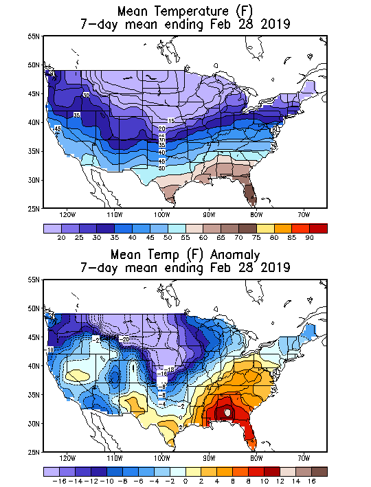 Mean Temperature Anomaly (F) 7-Day Mean ending Feb 28, 2019