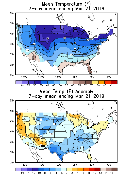 Mean Temperature Anomaly (F) 7-Day Mean ending Mar 21, 2019