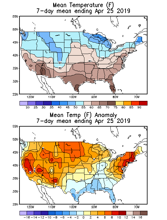 Mean Temperature Anomaly (F) 7-Day Mean ending Apr 25, 2019
