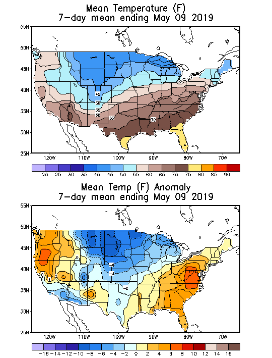 Mean Temperature Anomaly (F) 7-Day Mean ending May 09, 2019