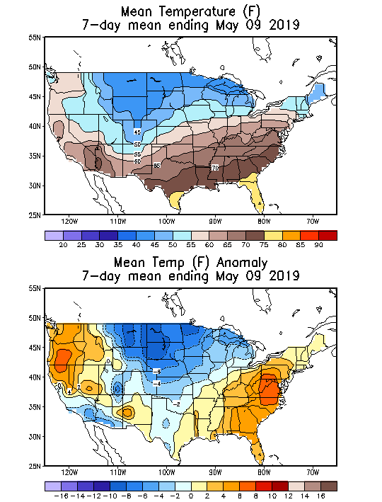 Mean Temperature (F) 7-Day Mean ending May 09, 2019