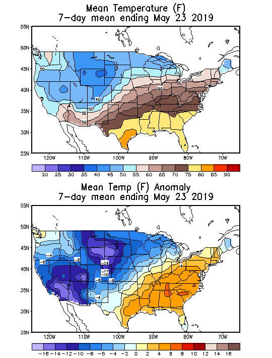 Mean Temperature (F) 7-Day Mean ending May 23, 2019