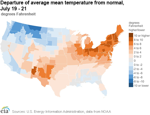 Departure of average mean temperature from normal, July 19 - 21
