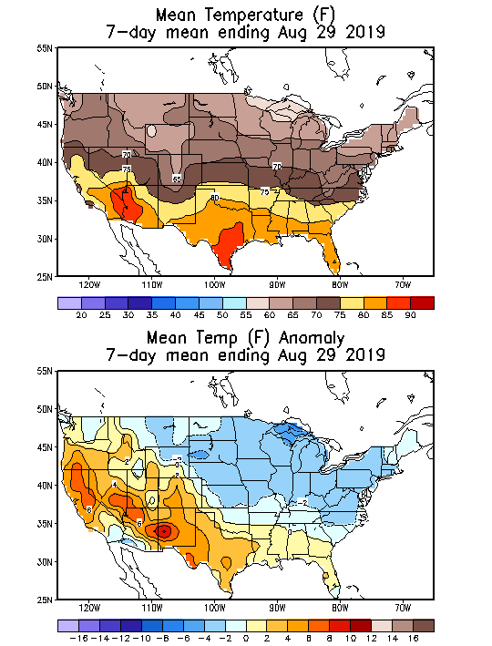 Mean Temperature Anomaly (F) 7-Day Mean ending Aug 29, 2019