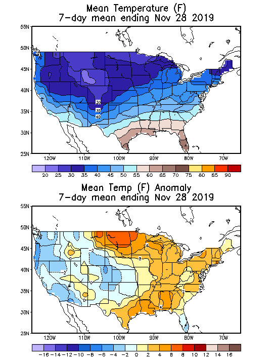 Mean Temperature (F) 7-Day Mean ending Nov 28, 2019