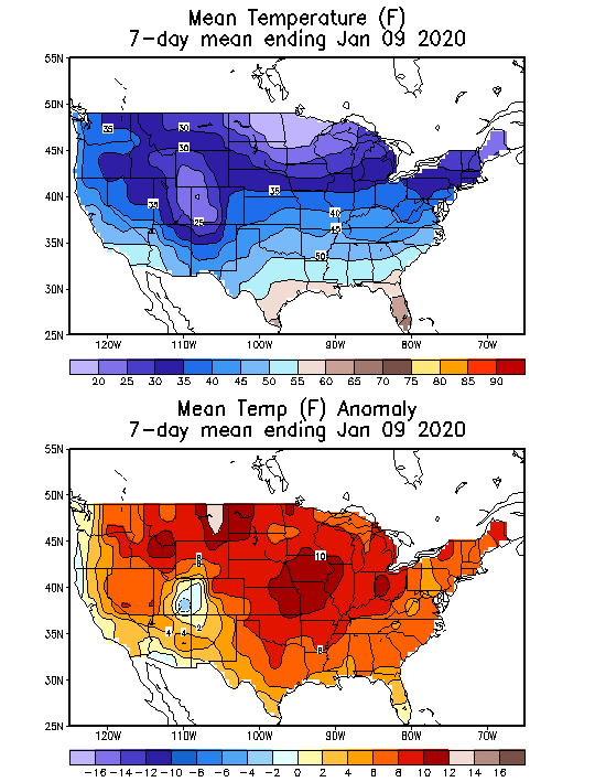 Mean Temperature Anomaly (F) 7-Day Mean ending Jan 09, 2020