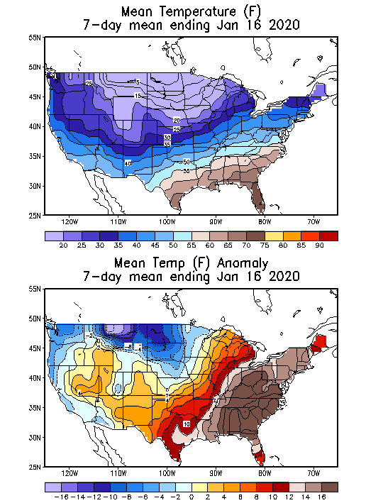Mean Temperature Anomaly (F) 7-Day Mean ending Jan 16, 2020