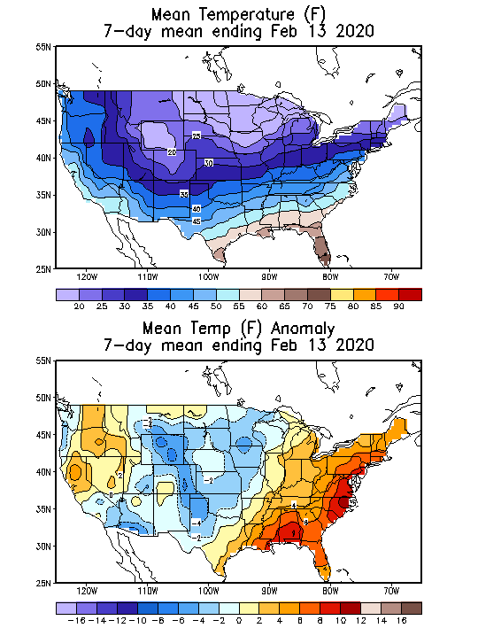 Mean Temperature Anomaly (F) 7-Day Mean ending Feb 13, 2020