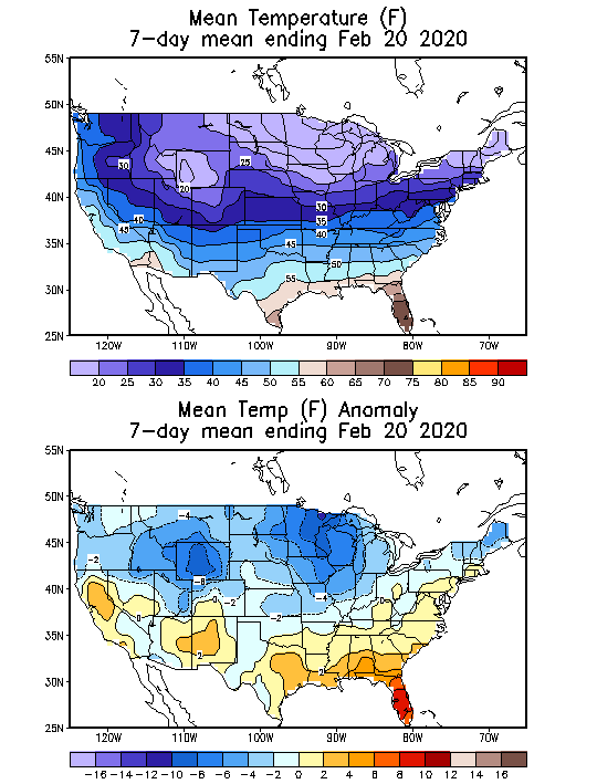 Mean Temperature (F) 7-Day Mean ending Feb 20, 2020