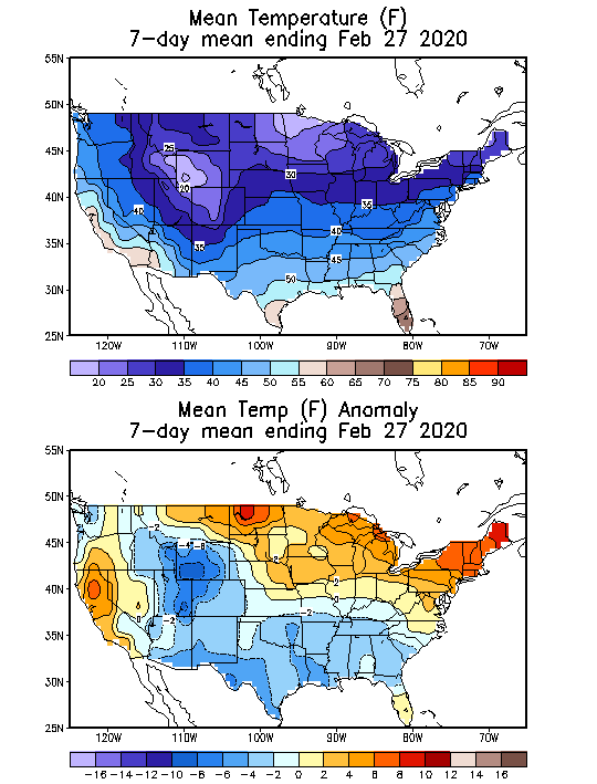 Mean Temperature Anomaly (F) 7-Day Mean ending Feb 27, 2020
