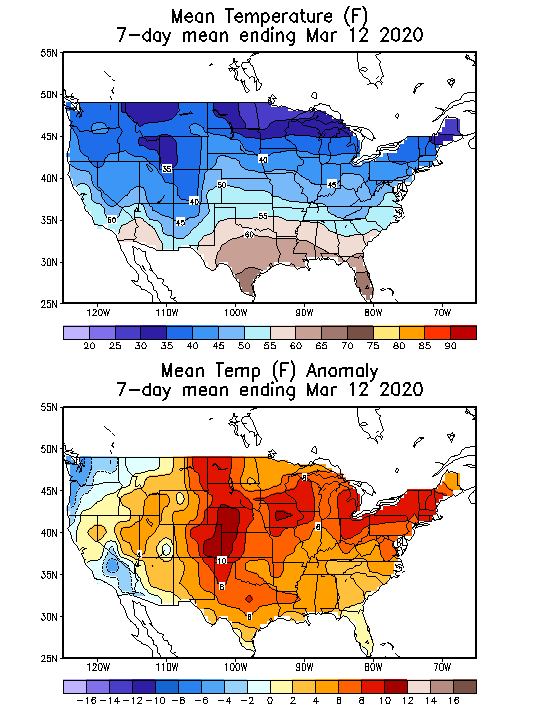 Mean Temperature Anomaly (F) 7-Day Mean ending Mar 12, 2020