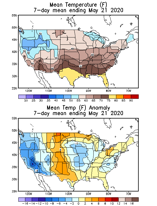Mean Temperature Anomaly (F) 7-Day Mean ending May 21, 2020