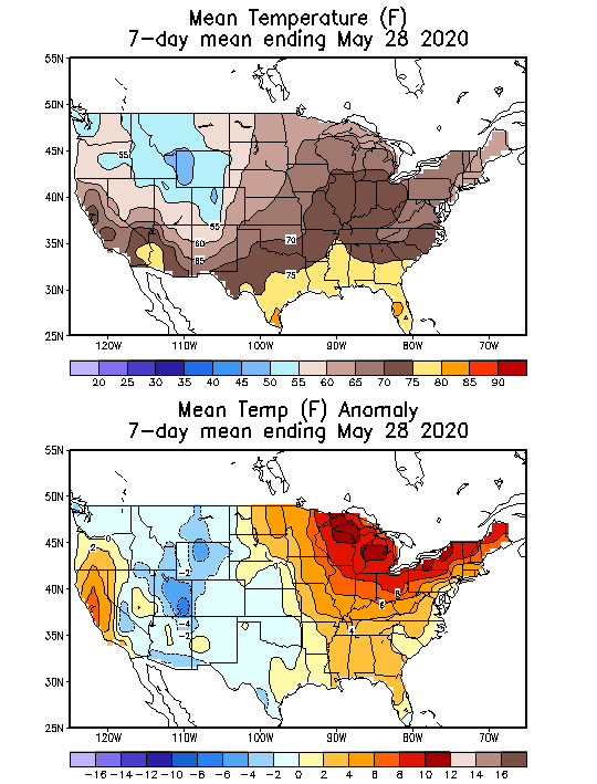 Mean Temperature (F) 7-Day Mean ending May 28, 2020