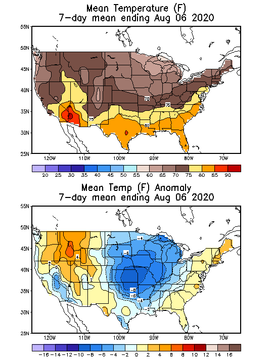 Mean Temperature Anomaly (F) 7-Day Mean ending Aug 06, 2020