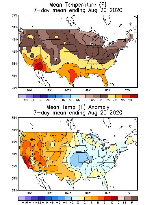 Mean Temperature Anomaly (F) 7-Day Mean ending Aug 20, 2020