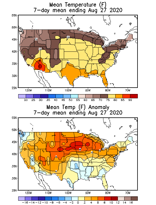 Mean Temperature Anomaly (F) 7-Day Mean ending Aug 27, 2020