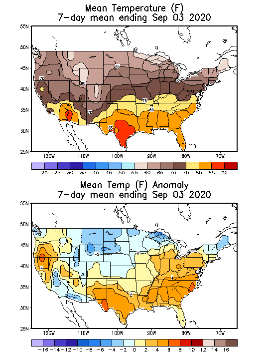 Mean Temperature Anomaly (F) 7-Day Mean ending Sep 03, 2020