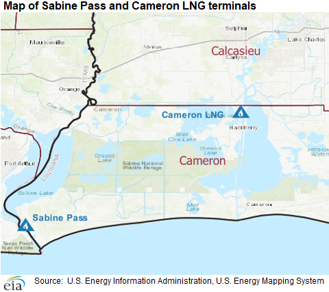 Map of Sabine Pass and Cameron LNG terminals