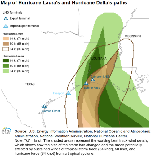 Map of Hurricane Laura's and Hurricane Delta's paths