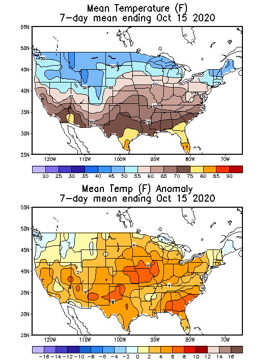 Mean Temperature (F) 7-Day Mean ending Oct 15, 2020