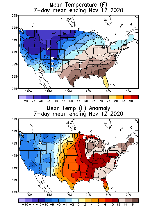 Mean Temperature Anomaly (F) 7-Day Mean ending Nov 12, 2020
