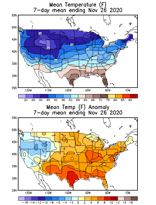 Mean Temperature Anomaly (F) 7-Day Mean ending Nov 26, 2020