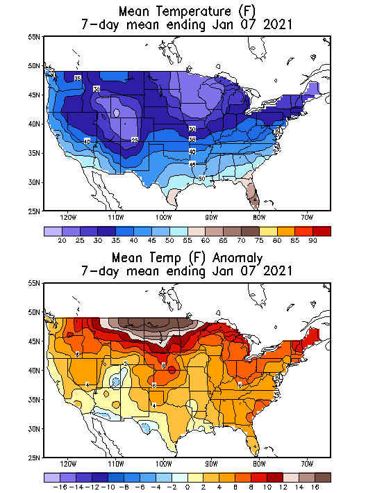 Mean Temperature Anomaly (F) 7-Day Mean ending Jan 07, 2021