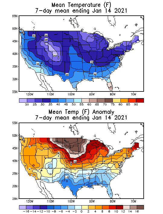 Mean Temperature Anomaly (F) 7-Day Mean ending Jan 14, 2021