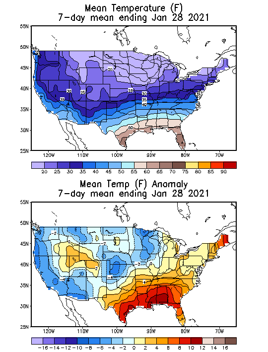 Mean Temperature Anomaly (F) 7-Day Mean ending Jan 28, 2021