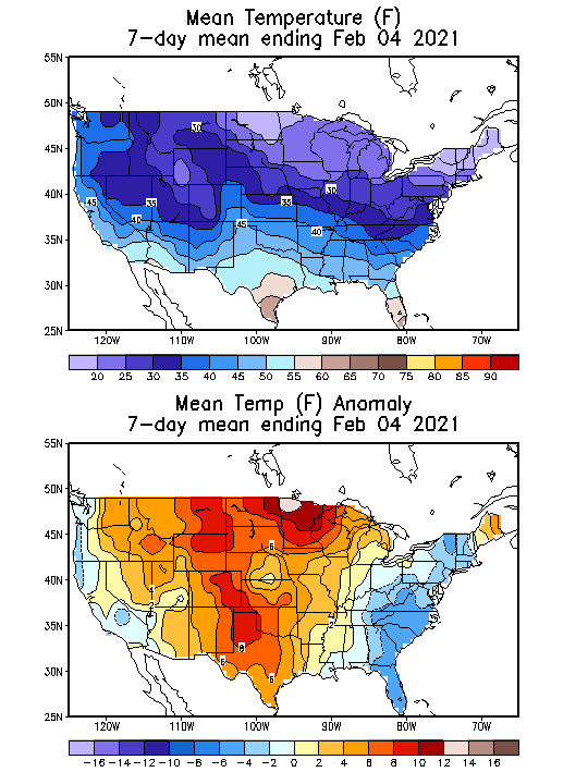 Mean Temperature Anomaly (F) 7-Day Mean ending Feb 04, 2021