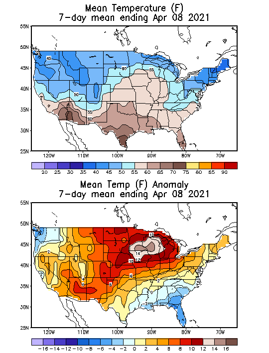 Mean Temperature Anomaly (F) 7-Day Mean ending Apr 08, 2021