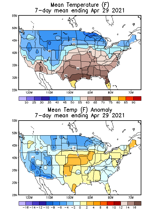 Mean Temperature (F) 7-Day Mean ending Apr 29, 2021