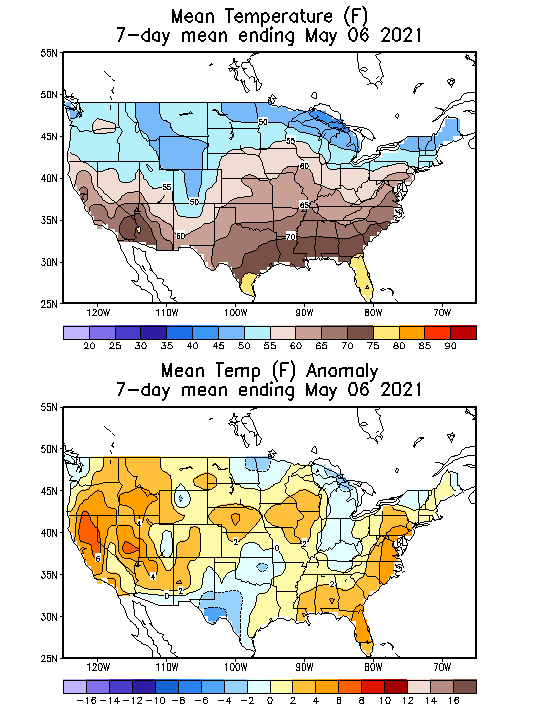 Mean Temperature (F) 7-Day Mean ending May 06, 2021