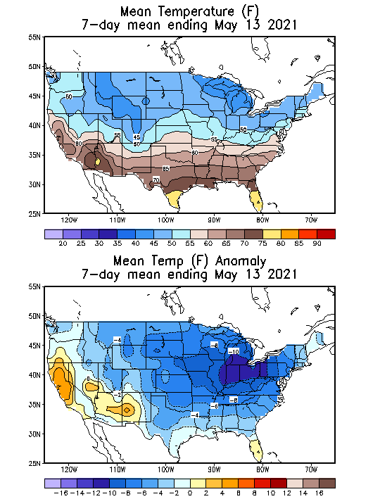 Mean Temperature (F) 7-Day Mean ending May 13, 2021