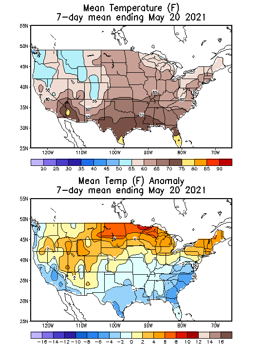 Mean Temperature Anomaly (F) 7-Day Mean ending May 20, 2021