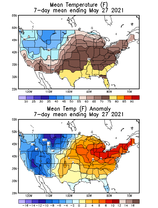 Mean Temperature (F) 7-Day Mean ending May 27, 2021