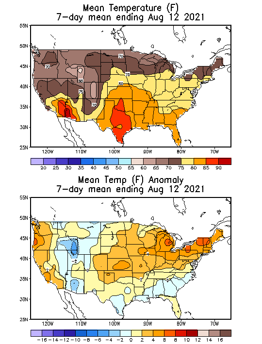 Mean Temperature Anomaly (F) 7-Day Mean ending Aug 12, 2021