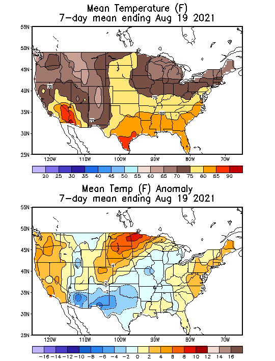 Mean Temperature Anomaly (F) 7-Day Mean ending Aug 19, 2021