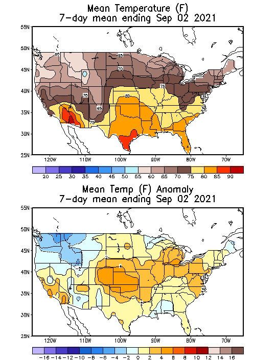 Mean Temperature Anomaly (F) 7-Day Mean ending Sep 02, 2021