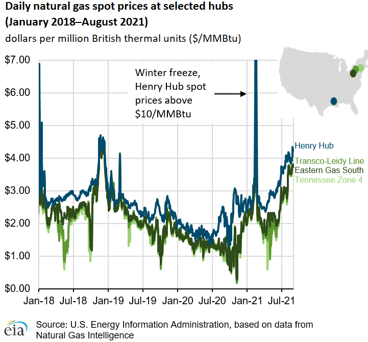 Daily natural gas spot prices at selected hubs 
(January 2018 - August 2021)