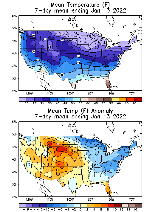 Mean Temperature (F) 7-Day Mean ending Jan 13, 2022