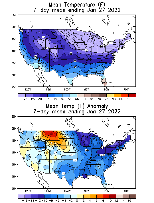 Mean Temperature Anomaly (F) 7-Day Mean ending Jan 27, 2022