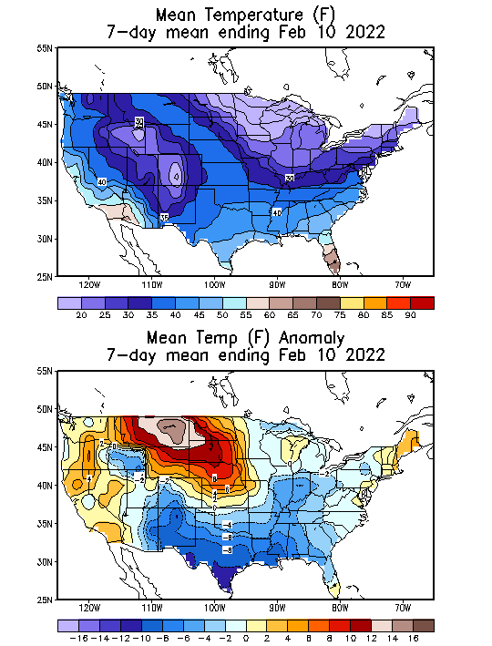 Mean Temperature (F) 7-Day Mean ending Feb 10, 2022