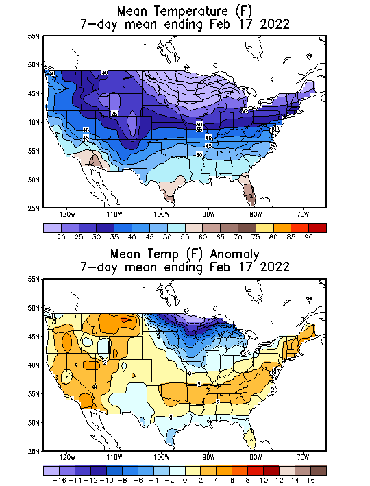 Mean Temperature Anomaly (F) 7-Day Mean ending Feb 17, 2022