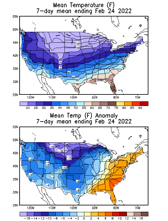 Mean Temperature (F) 7-Day Mean ending Feb 24, 2022