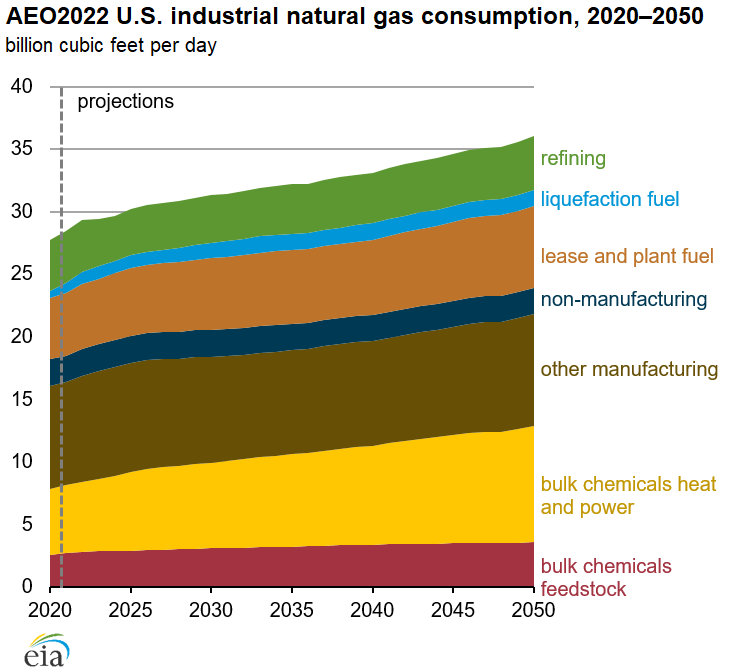 AEO2022 U.S. industrial natural gas consumption, 2020–2050