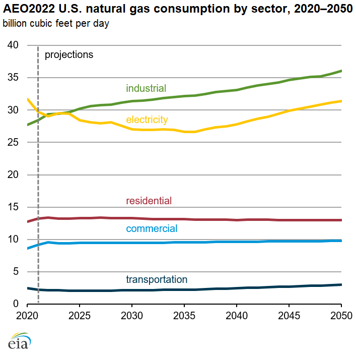 AEO2022 U.S. natural gas consumption by sector, 2020–2050
