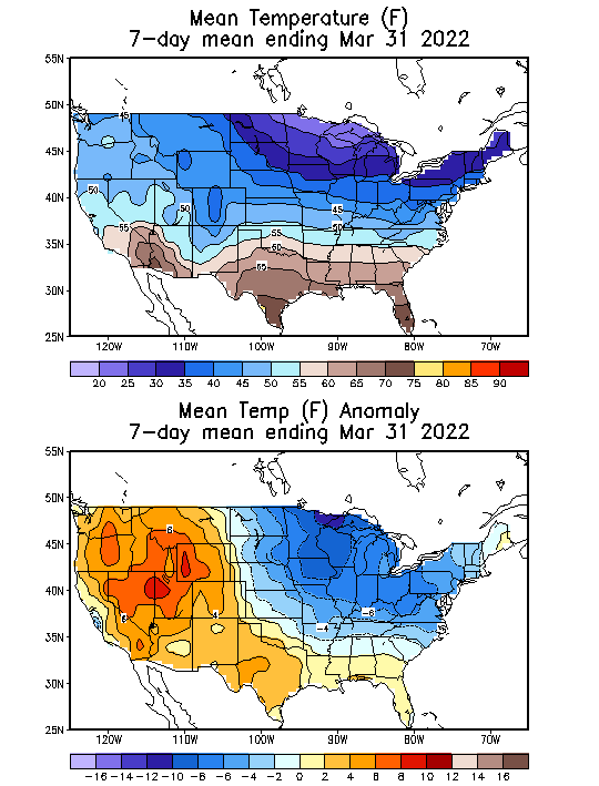 Mean Temperature Anomaly (F) 7-Day Mean ending Mar 31, 2022